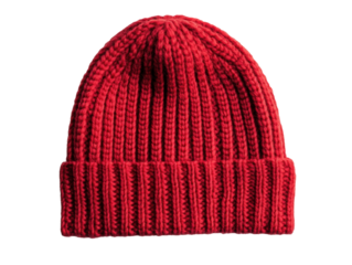 Bright red knitted beanie perfect for winter fashion styles, cut out