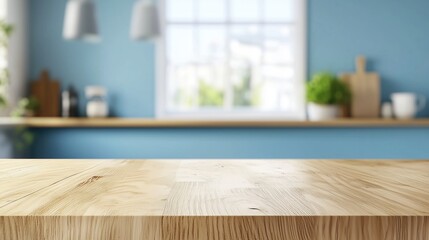 Light wooden countertop, minimal kitchen room in the background, blurred blue colour kitchen wall with white window in background 