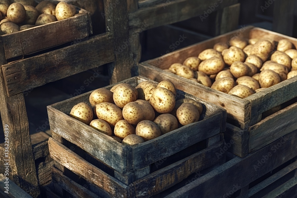 Poster raw potatoes with peel are neatly arranged in rustic wooden crates, creating an appealing display at