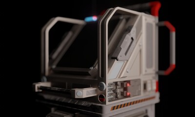 Close up side view monitor computer control room in dark scene 3d rendering science fiction wallpaper background
