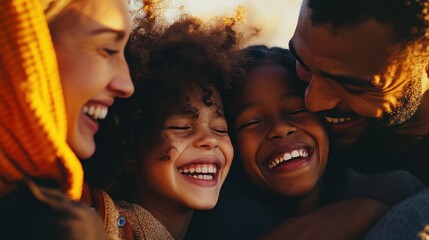 A close - up photo of a beaming American family huddled together, their faces filled with joy and laughter. Generative AI illustration
