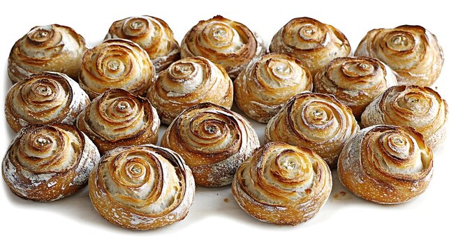Several freshly baked swirl shaped sourdough bread rolls presented on white