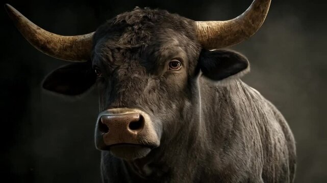 A bull with big horns is looking at the camera. Smooth repeating motion for background video animation