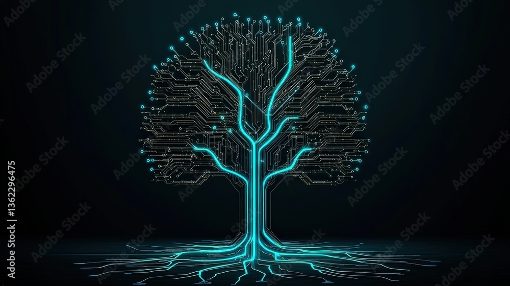 Poster a digital tree design, with branches and roots represented by circuit patterns in a glowing blue hue