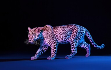 Fototapeta premium Pink and blue illuminated leopard walking in the dark. Studio shot of a big cat with vibrant lighting, showcasing its spots and sleek coat. The animal is in focus, isolated against a dark background