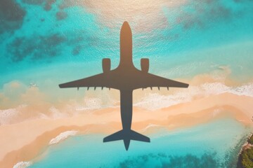 Fototapeta premium Airplane shadow flying over beautiful exotic tropical beach with sunny cay - Summer vacation travel concept . A happy family on summer holidays . Travel traveling vacation sea symbolic picture