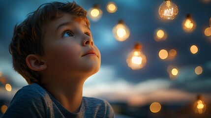 Naklejka premium Boy gazing at glowing lights in twilight