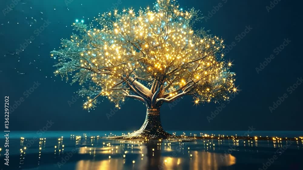 Poster luminous tree adorned with sparkling lights stands majestically in serene environment, reflecting it
