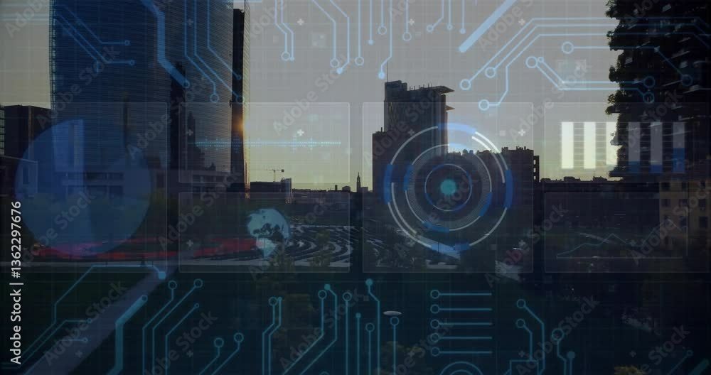 Poster cityscape overlaying digital circuit patterns with futuristic animation interface