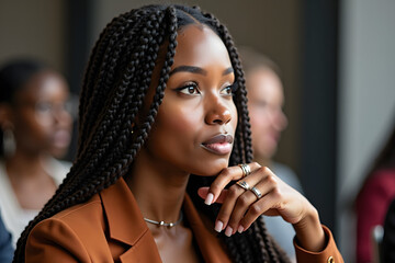 A young Black woman with braided hair thoughtfully listens during a meeting, showcasing expressions of contemplation and focus in a professional setting