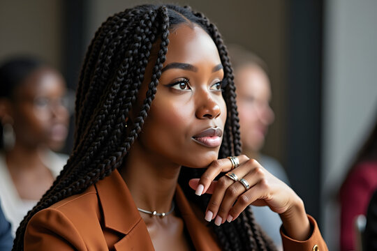 A young Black woman with braided hair thoughtfully listens during a meeting, showcasing expressions of contemplation and focus in a professional setting