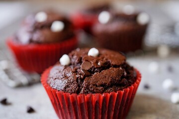 Homemade hot chocolate muffins with mini marshmallows, selective focus