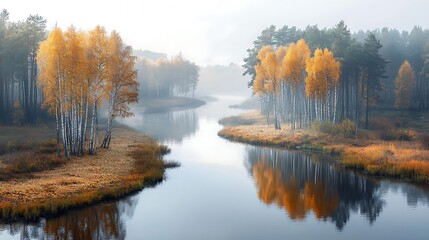 Fototapeta premium Serene Autumn River Landscape with Golden Birch Trees
