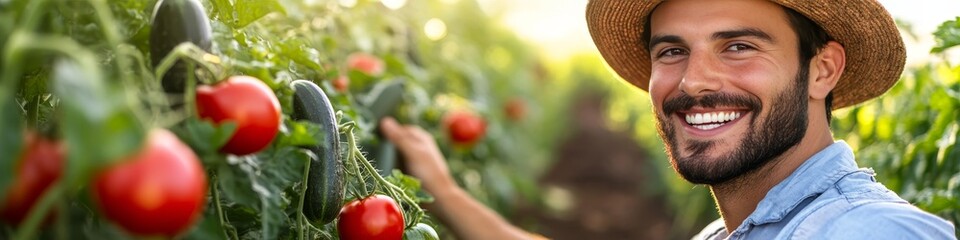 Fototapeta premium Joyful Gardener Tending Lush Vegetable Garden with Ripe Tomatoes, Cucumbers, and Summer Sunlight
