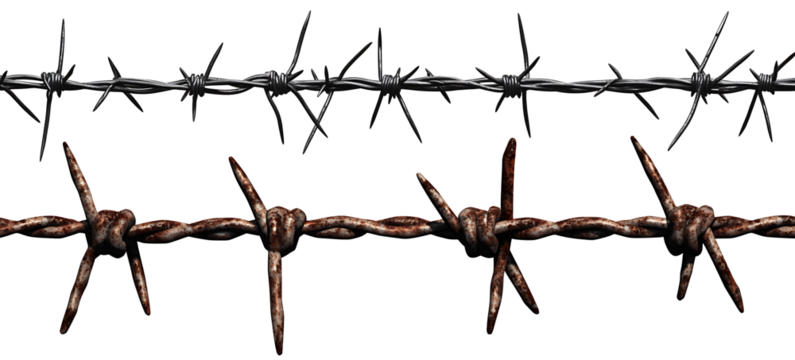 Set of Two Barbed Wire Designs, Featuring Rusted and Clean Silver Wire with Spiked Barbs for Security