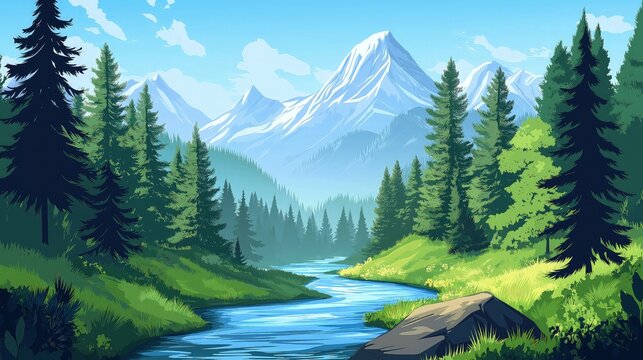 Illustration of Beautiful mountain river in forest 32k,