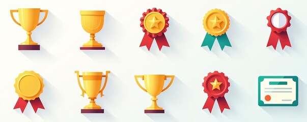Collection of colorful flat design icons representing various awards such as medals, trophies, ribbons, and certificates, accomplishment, prize