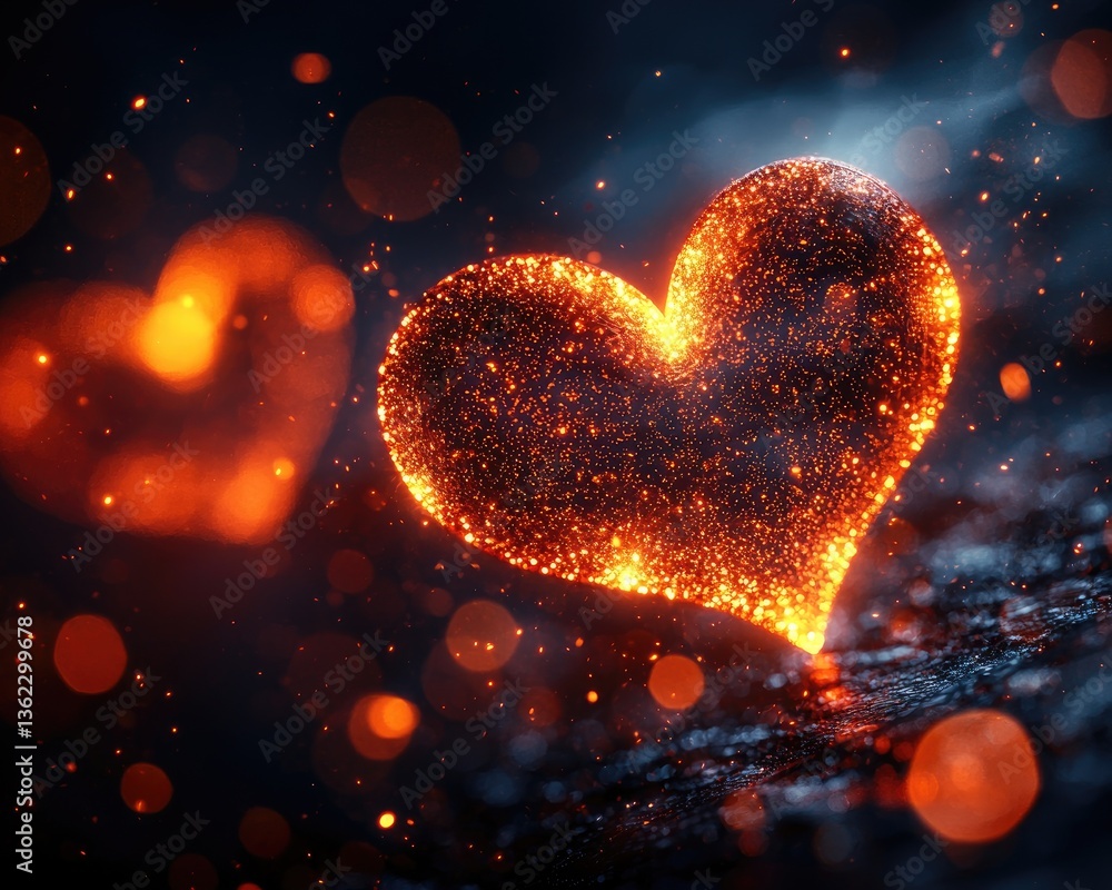 Poster glowing heart-shaped sparkles against a dark background with bokeh effects
