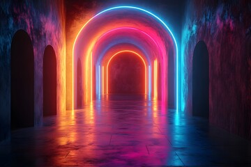 Fototapeta premium Vibrant Neon Lit Arched Tunnel for Futuristic Design and Background Concepts