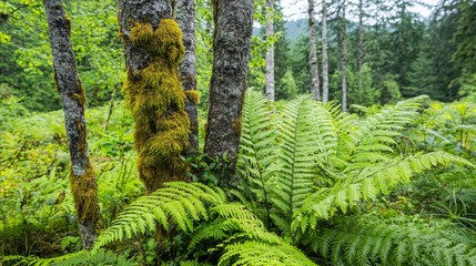 Fototapeta premium A lush, green forest scene featuring ferns and moss-covered trees surrounded by dense, vibrant foliage.