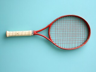 An old red tennis racket lying on a bright blue surface
