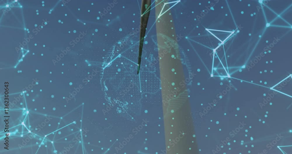 Poster wind turbine with digital network and data processing animation overlay
