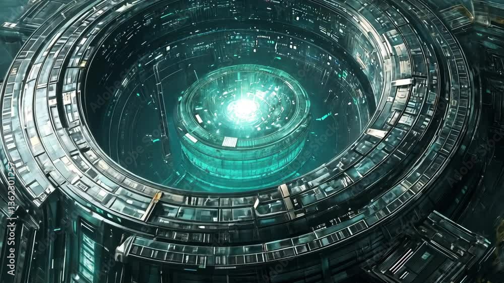 Poster explore a futuristic aztec reality engine featuring a massive rotating structure with vibrant energy