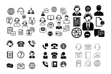 Black Line Icon Set Depicts Customer Service, Communication Isolated on White