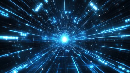 Blue digital speed tunnel lights, abstract tech background. illustration