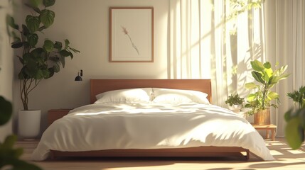 Inviting bedroom bathed in natural light, featuring a plush bed with soft white bedding and a tranquil vibe illustration