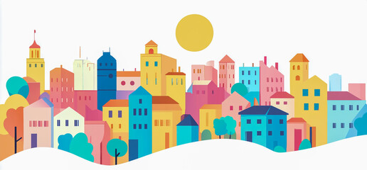 Obraz premium Abstract, colorful, flat vector illustration of a cityscape with buildings, houses, and trees on a white background. A modern, minimal design for a banner or poster