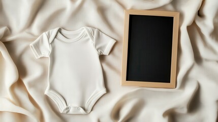 White cotton baby bodysuit with black letter board and beige cotton fabric background with copy space, pregnancy announcement mockup template