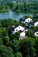 trees surrounding a lake and a row of houses in a residential area