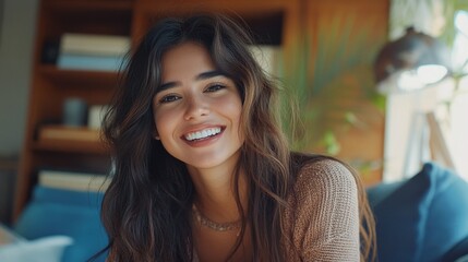 Happy latin young woman online tutor, remote school teacher or student talking to camera at virtual class making video call looking at web cam having distance meeting, recording video presentation.