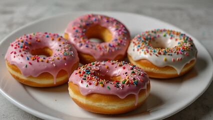 Plate of Assorted Donuts with Varied Icing and Toppings Including Chocolate Pink and White Sprinkles on Flat Surface
