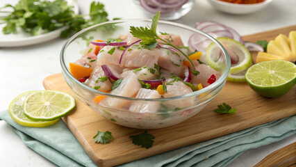 Peruvian Ceviche Clasico is a traditional Peruvian dish of fresh fish marinated in lime juice with onions, chilies and cilantro.