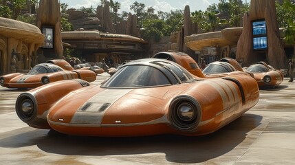 Orange futuristic vehicles parked in a desert-like setting