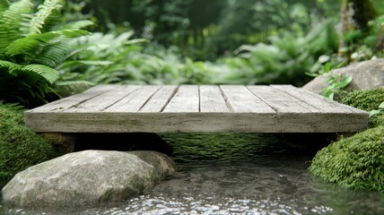 Wooden footbridge over serene stream amidst lush green forest scenery.