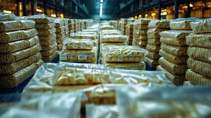 Packed bakery goods neatly arranged in a warehouse with soft lighting
