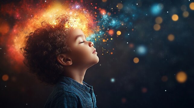Child with vibrant cosmic energy emanating from head, eyes closed, peaceful expression