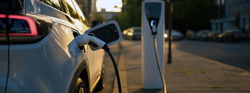 Gros plan d'un véhicule électrique blanc en cours de charge à une borne de recharge dans une rue, à la lumière du soir.