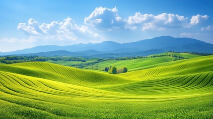 Obraz premium Lush, rolling hills of vibrant green fields meet a clear blue sky, dotted with fluffy white clouds. 