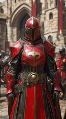 Crimson-clad knight stands before a grand cathedral, other knights visible in background
