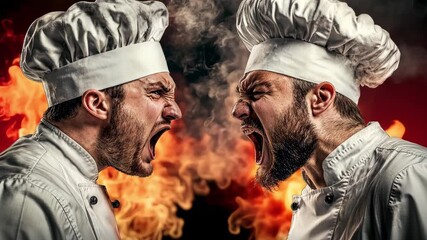 Intense Chefs in a Cooking Showdown with Flames and Passion