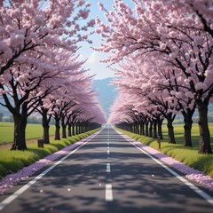 Obraz premium A picturesque view of a countryside road lined with blooming cherry blossoms.