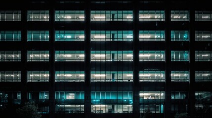 Fototapeta premium Modern office building with illuminated windows.