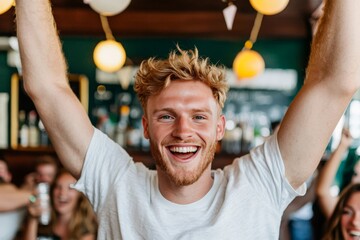 Young man smiling raising fists in celebration during event surrounded by people expressing success joy confidence youthful determination and high energy in personal achievement setting