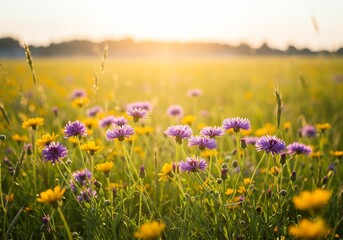 夕日輝く草原、紫と黄色の花畑 穏やかな風景写真