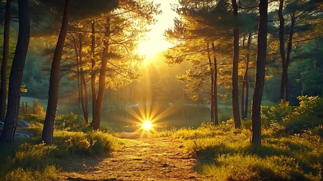 Serene forest path leading to a glowing sunset over a calm lake