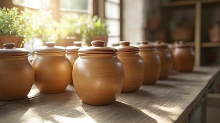 Handcrafted terracotta pottery collection of earthy brown clay pots with lids on wooden table glows in warm sunlight, casting soft shadows in rustic workshop with textured clay surfaces.
